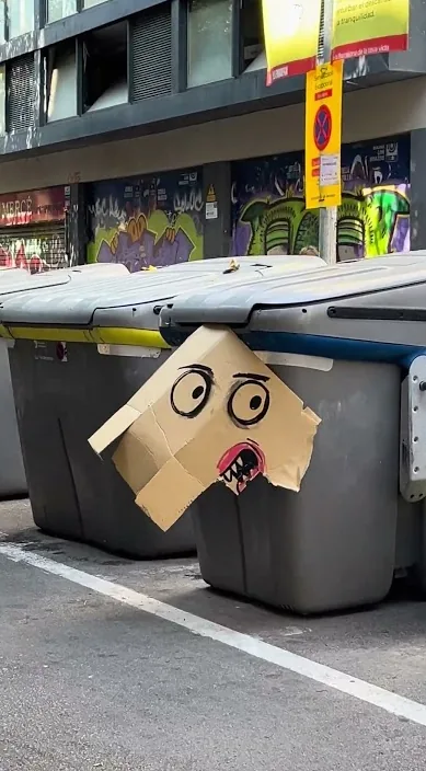 Caja de cartón con una cara, puesta encima de unos contenedores de basura, de Art Is Trash en Barcelona