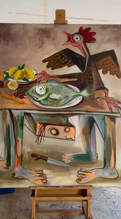 Carne ou pesca (Carne o pescao) – arte de rua em Barcelona: cena do vídeo de Art Is Trash de Francisco de Pájaro