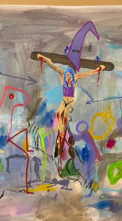 Crucificada www. es – art urbà a Barcelona: escena del vídeo d'Art Is Trash de Francisco de Pájaro