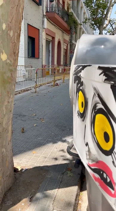Rubbish bin painted with a face, Barcelona, Art Is Trash