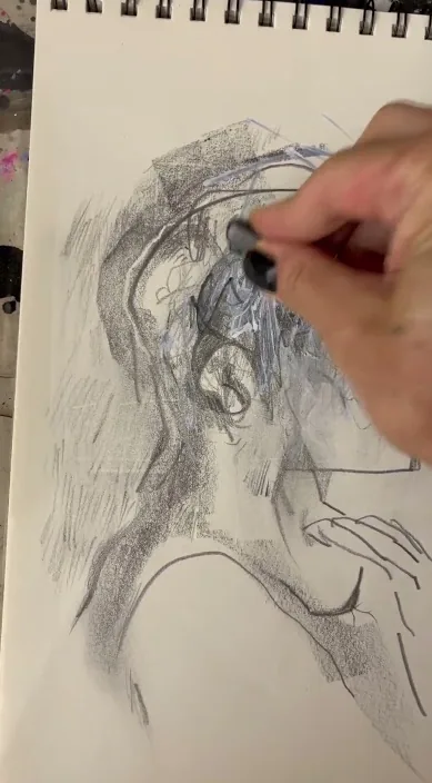 Dessin au crayon d'un personnage réalisé à l'atelier, Barcelone, Art Is Trash