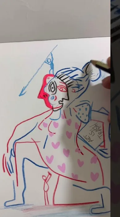 Figures drawn with blue and red lines, Barcelona, Art Is Trash