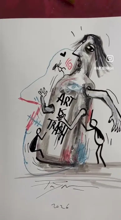 瓶子形状人物的墨水画,画上写着 Art Is Trash,巴塞罗那