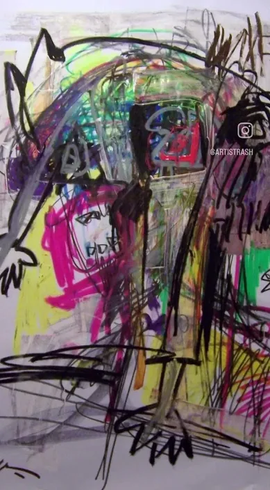 Abstrakt maleri i neonfarver, et værk af Art Is Trash i Barcelona