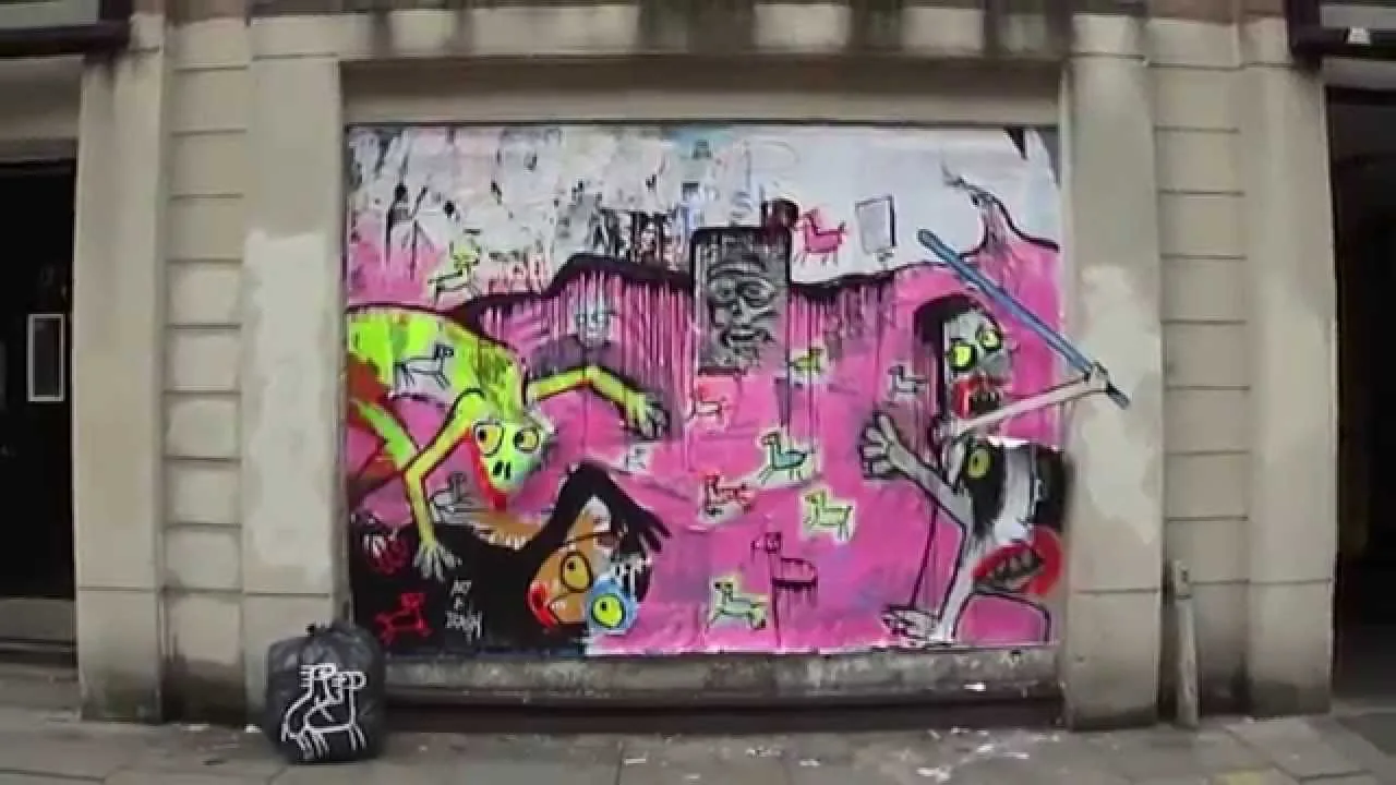 London UK, 2013 – street art in Barcelona: scene from the Art Is Trash video by Francisco de Pájaro