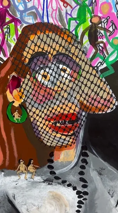 Kvinde med rosenkrans. www. er (Mujer con rosario. www. es) – gadekunst i Barcelona: scene fra Art Is Trash-videoen af Francisco de Pájaro