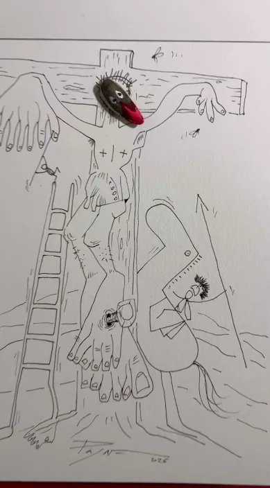Den korsfæstede pibe (Pipa crucificada) – gadekunst i Barcelona: scene fra Art Is Trash-videoen af Francisco de Pájaro