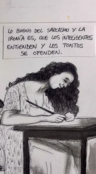 Dessin d'une femme qui écrit, avec une phrase sur le sarcasme et l'ironie, Barcelone, Art Is Trash